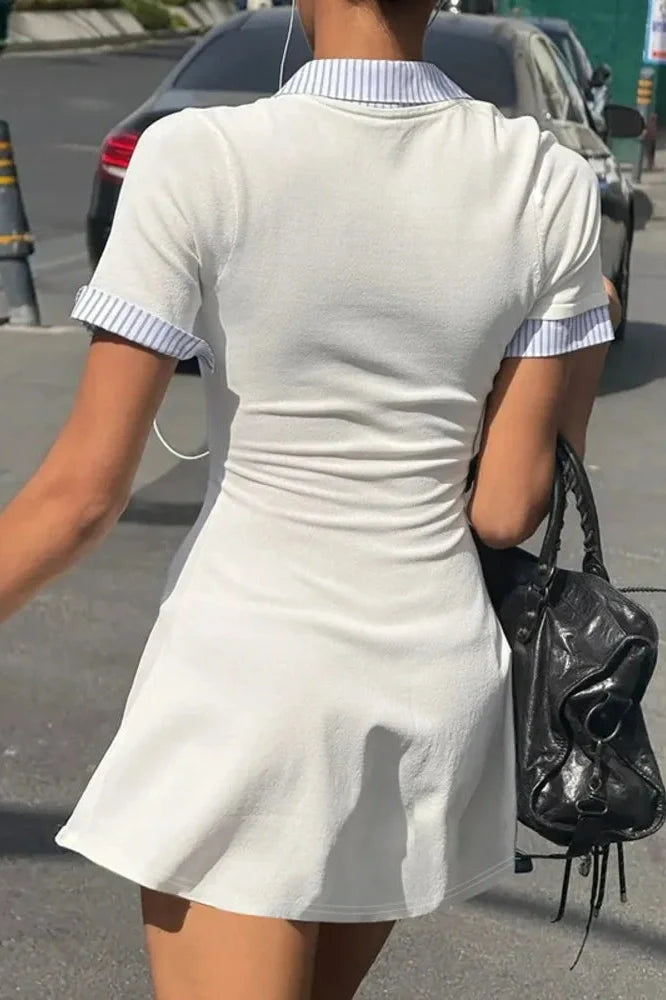 Short Sleeve Patchwork Square Collar Single-Breasted Slim High Waist Mini Dress