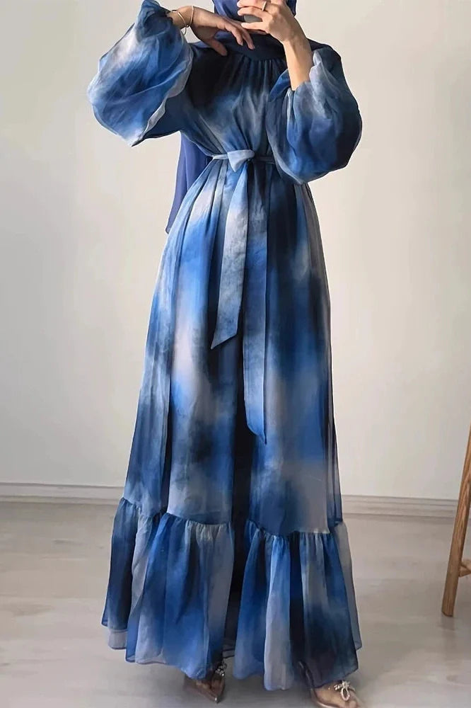Pleated O-Neck High Waist Lace Print Long Sleeve Maxi Dress