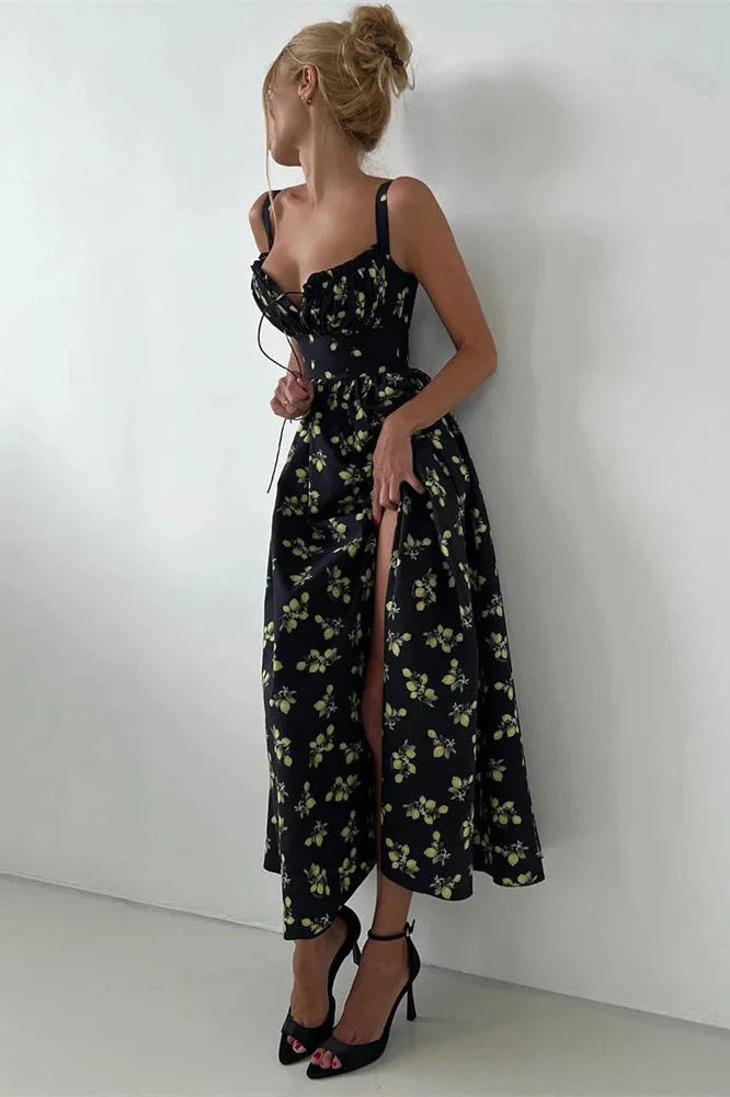 V-Neck Printed Lace-Up Sleeveless Bodycon Maxi Dress
