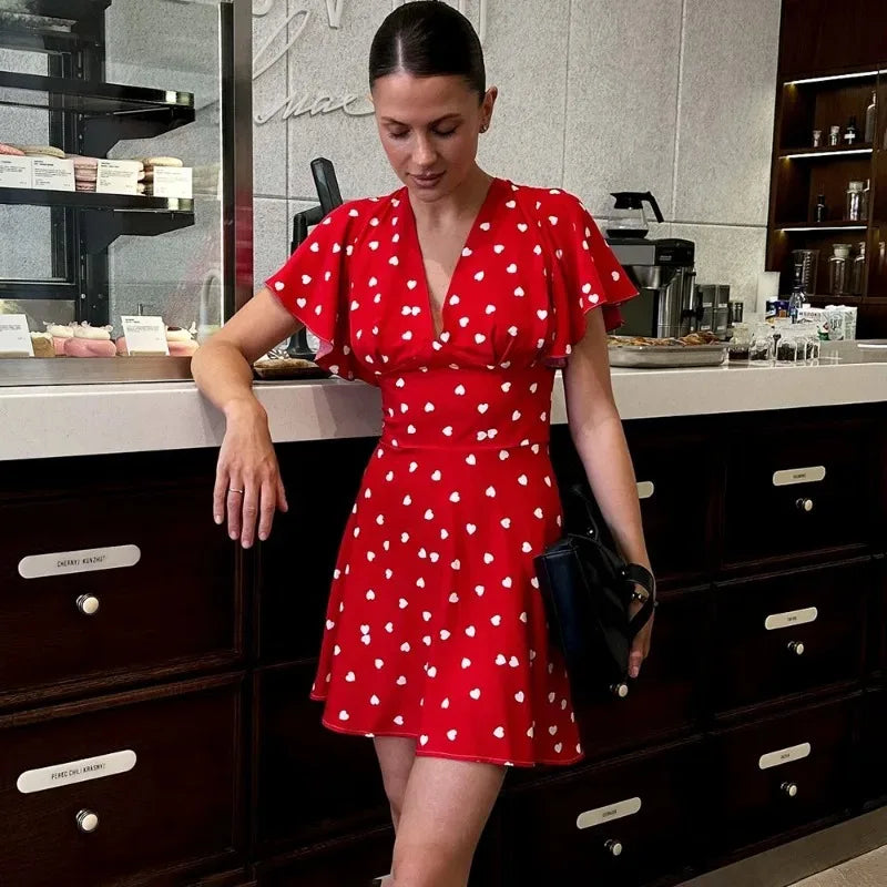 Print V-Neck High Waist Mini Dress