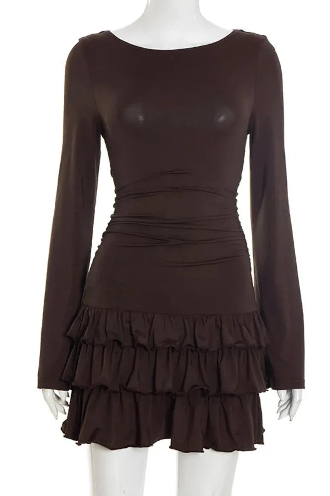 Long Sleeve O Neck High Waist A-line Mini Dress