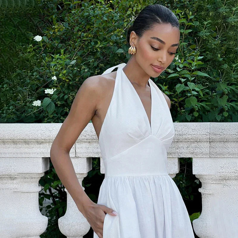 V Neck High Waist A-Line Maxi Dress