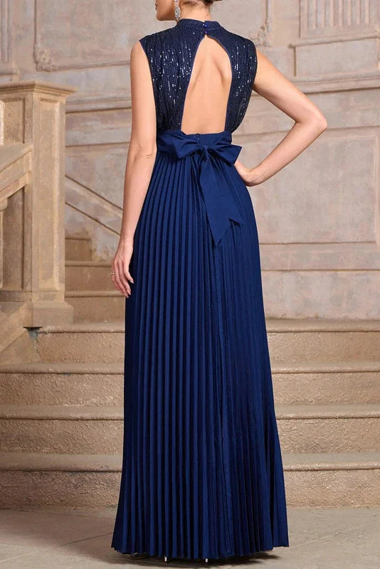 Sleeveless Pleated High Waist O-Neck Maxi Dress