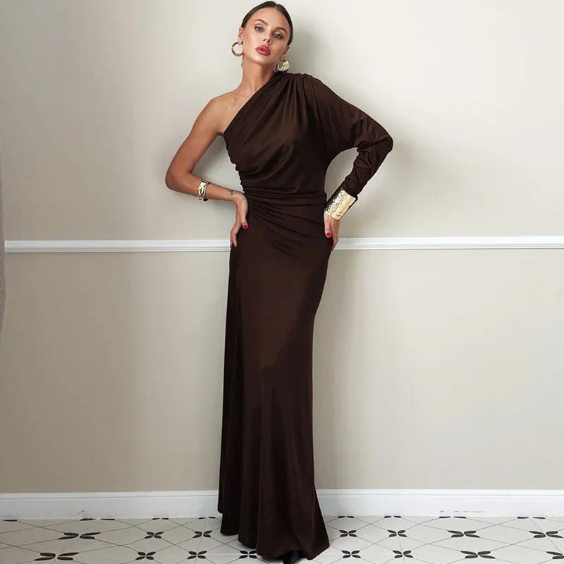 Diagonal Collar One-Shoulder Long Sleeve Maxi Dress