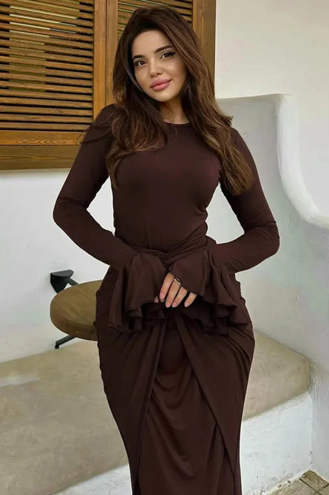 Elegant Long Sleeve O Neck High Waist Maxi Dress