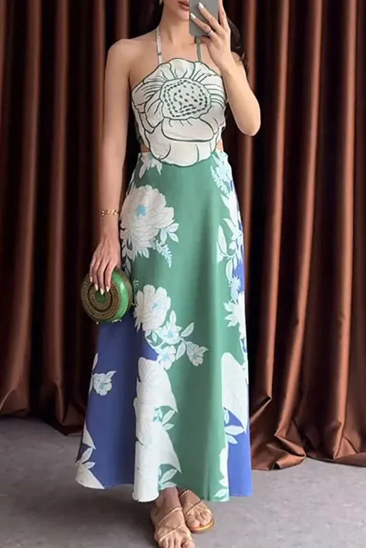 Hollow Out Lace Up Backless Sleeveless Printed Maxi Dress