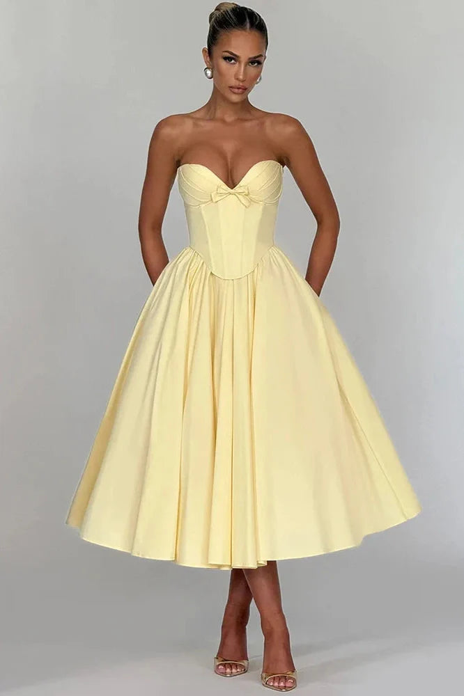Off-Shoulder Strapless Sleeveless Backless High Waist A-line Midi Dress