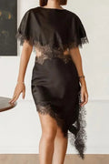 Hollow Out Lace Patchwork Short Sleeve Printed Mini Dress
