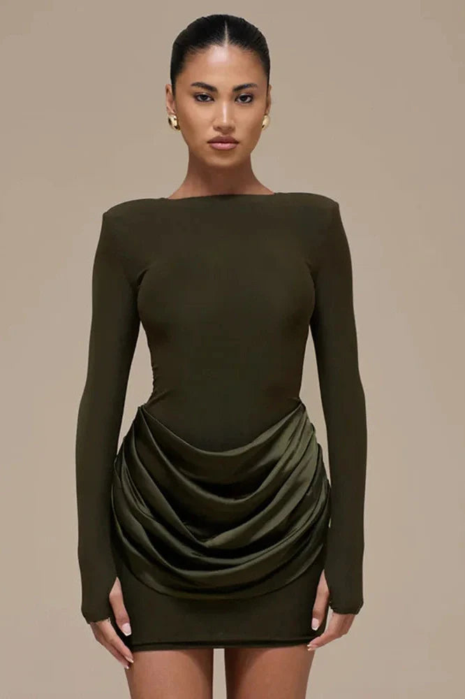 Long Sleeve Patchwork O Neck High Waist Mini Dress