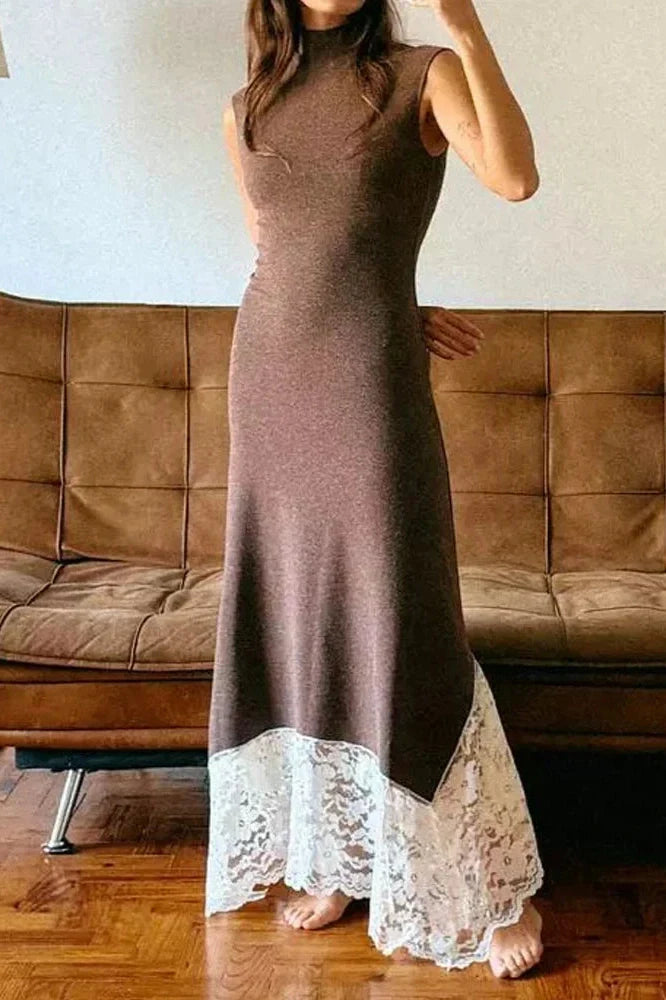 Hollow Out O-Neck Sleeveless Slim Lace Knit Maxi Dress
