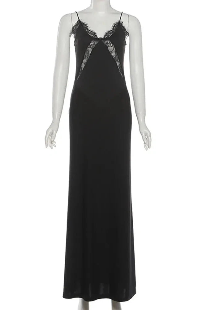 Lace Spaghetti Strap V Neck Sleeveless Backless Bodycon Maxi Dress