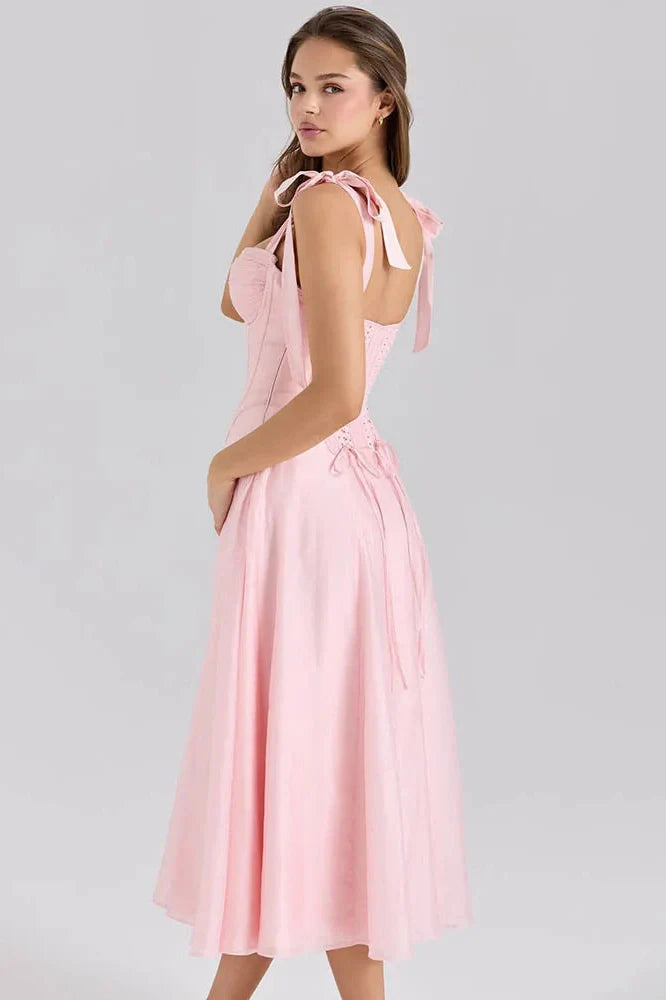 Spaghetti Strap Sleeveless Backless Lace-Up A-Line Midi Dress