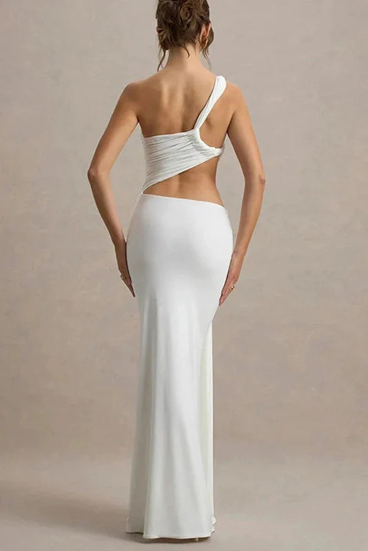 Hollow Out Pleated One-Shoulder Sleeveless Bodycon Maxi Dress