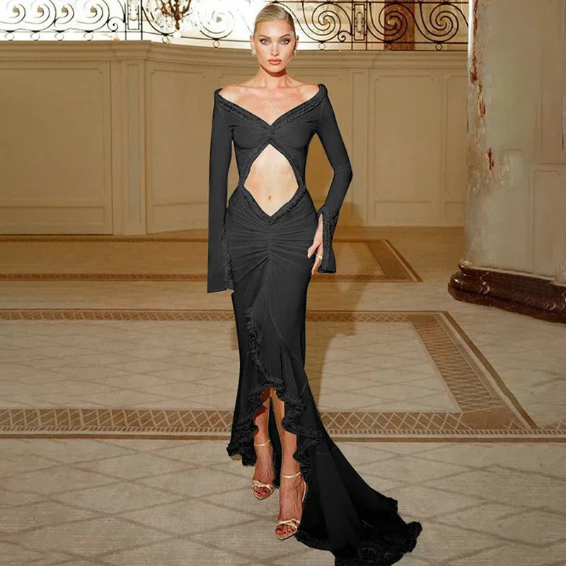 Hollow Out Long Sleeve V Neck Slim Maxi Dress
