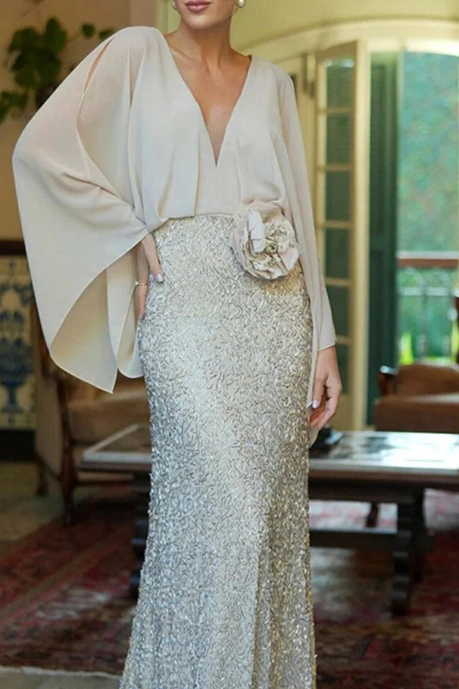 Elegant V-Neck Sleeve High Waist Maxi Dress