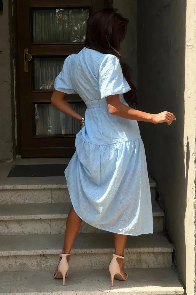 V-Neck Short Sleeve Patchwork Printed Slim Midi Dress