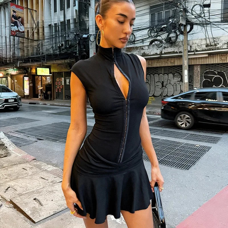 Hollow Out Patchwork Sleeveless Mini Dress
