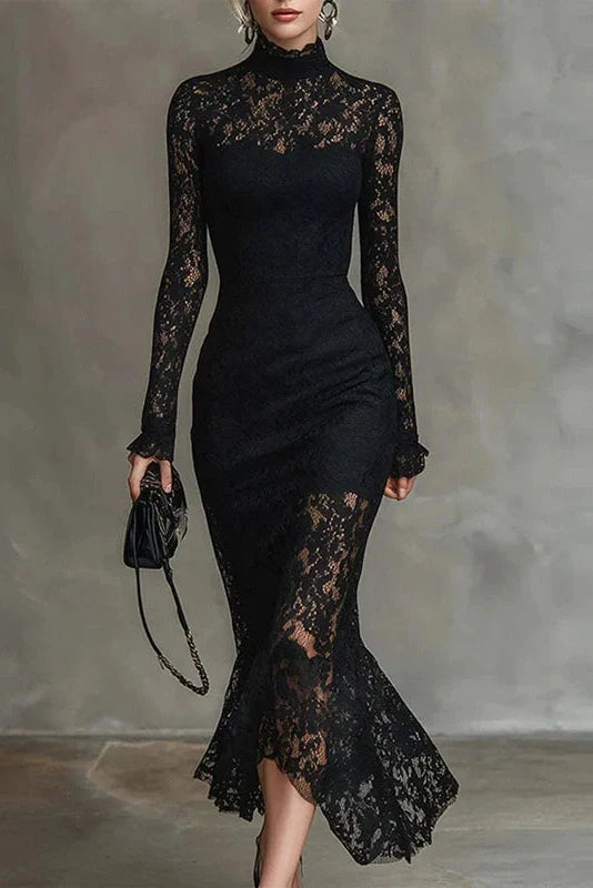 Lace Embroidery Slim Turtleneck Irregular Maxi Dress