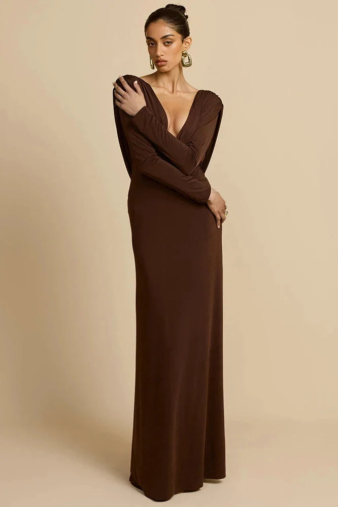 Deep V Neck Backless Long Sleeve High Waist Maxi Dress