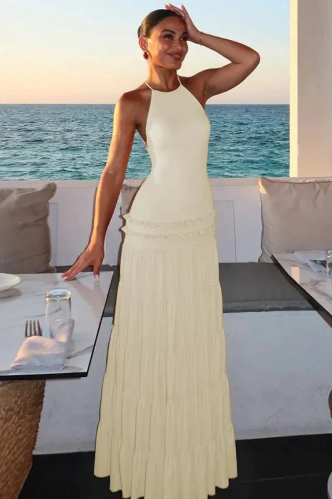 Backless Pleated Sleeveless High Waist Lace-Up A-Line Maxi Dress