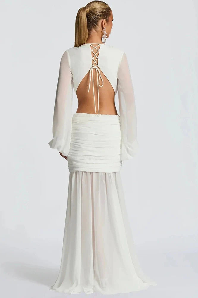 Hollow Out Deep V Neck Long Sleeve Backless Maxi Dress