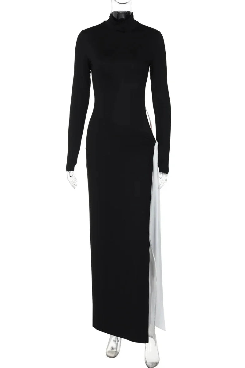 Elegant Hollow Out Turtleneck Long Sleeve Maxi Dress
