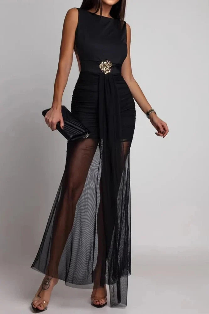 Hollow Out Sleeveless Slim High Waist O-Neck Backless Maxi Dress