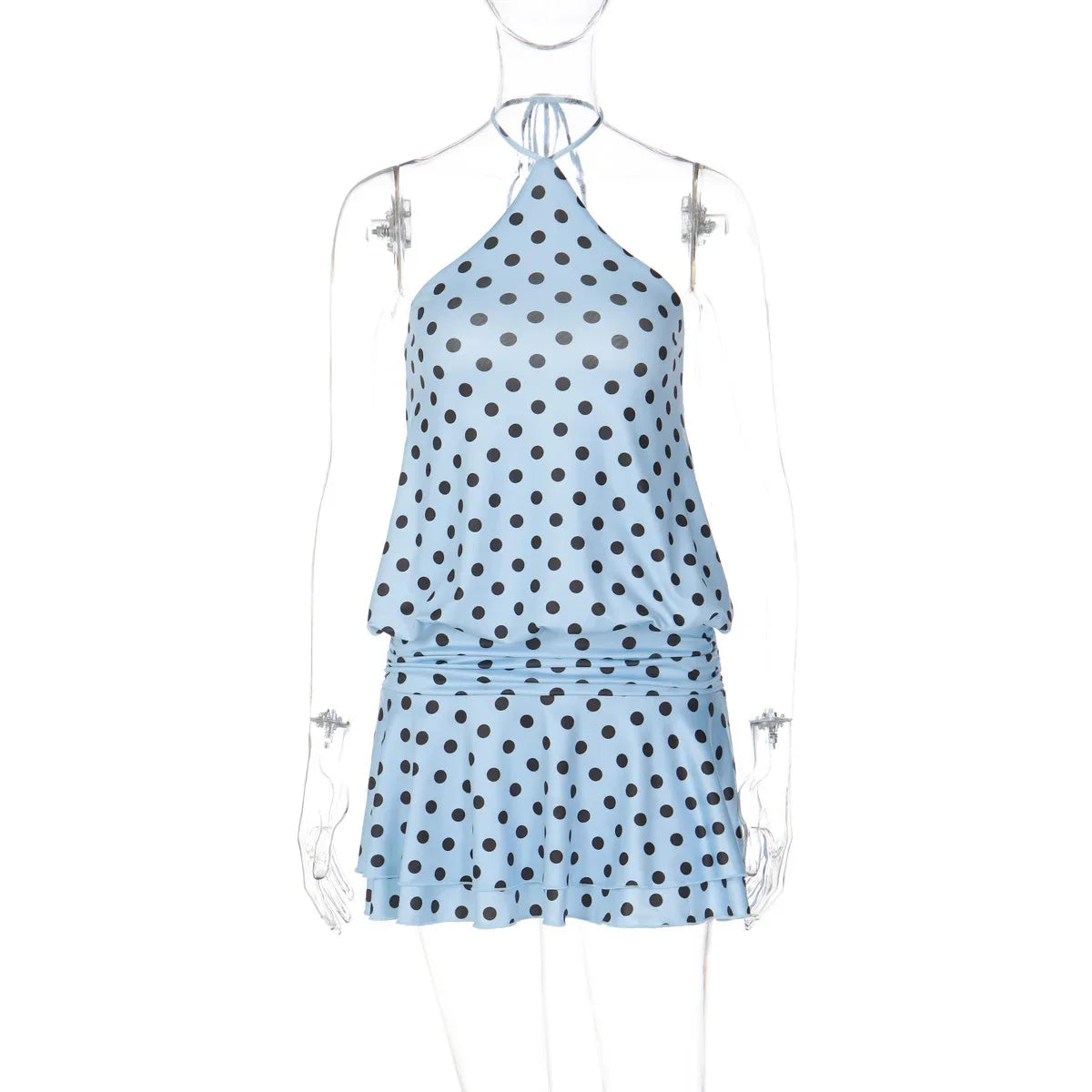 Polka Dot Patchwork Lace-Up Mini Dress
