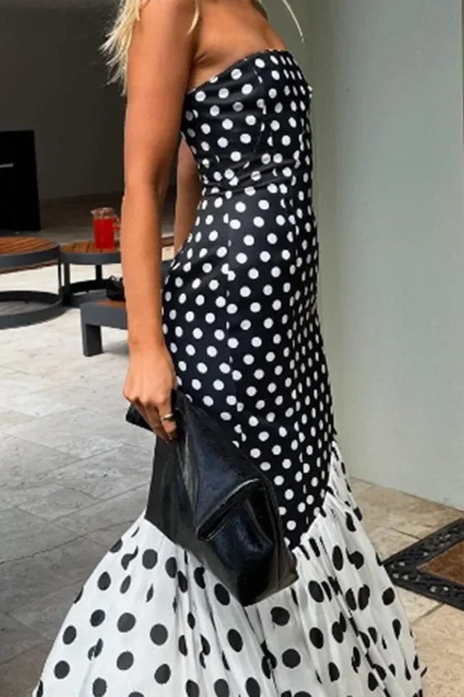 Elegant Split Polka Dot Printed Strapless High Waist Maxi Dress