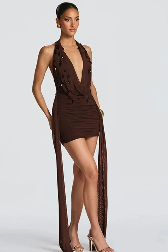 Deep V Neck Backless Off-Shoulder Mini Dress