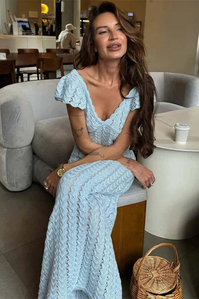 Hollow Out V-Neck Patchwork Maxi Dress