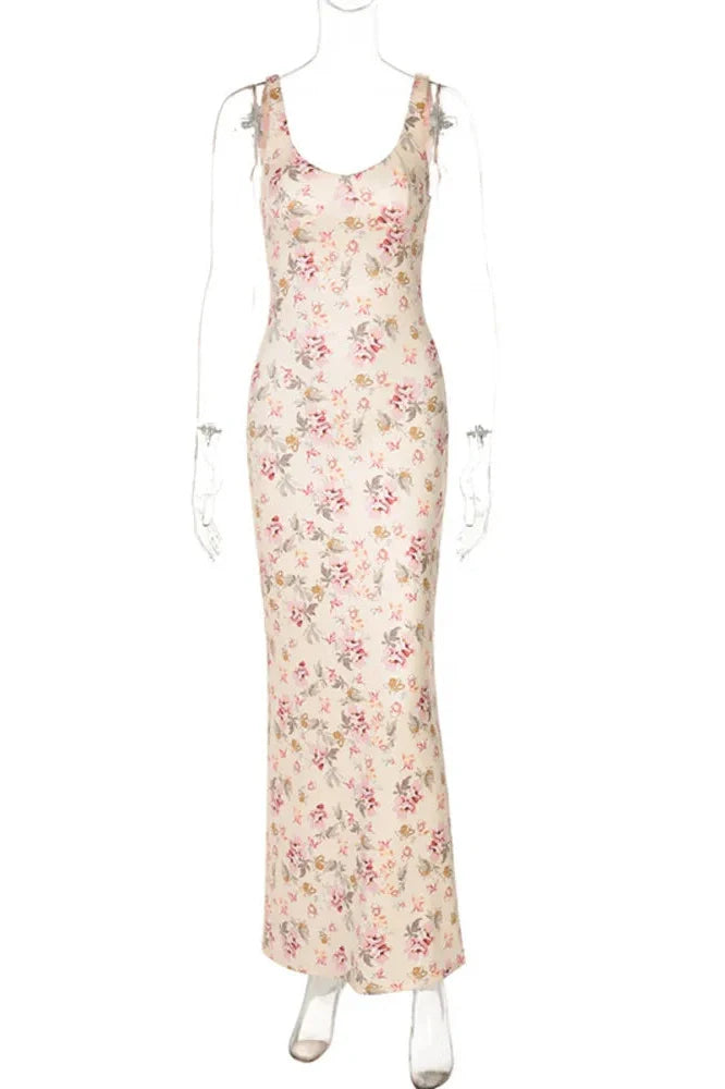 Backless Print Sleeveless High Waist Bodycon Maxi Dress