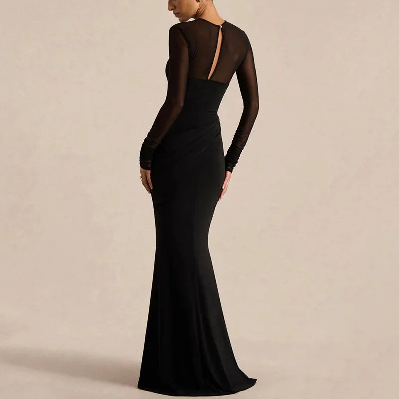 Elegant See Through Hollow Out Patchwork Maxi Dress
