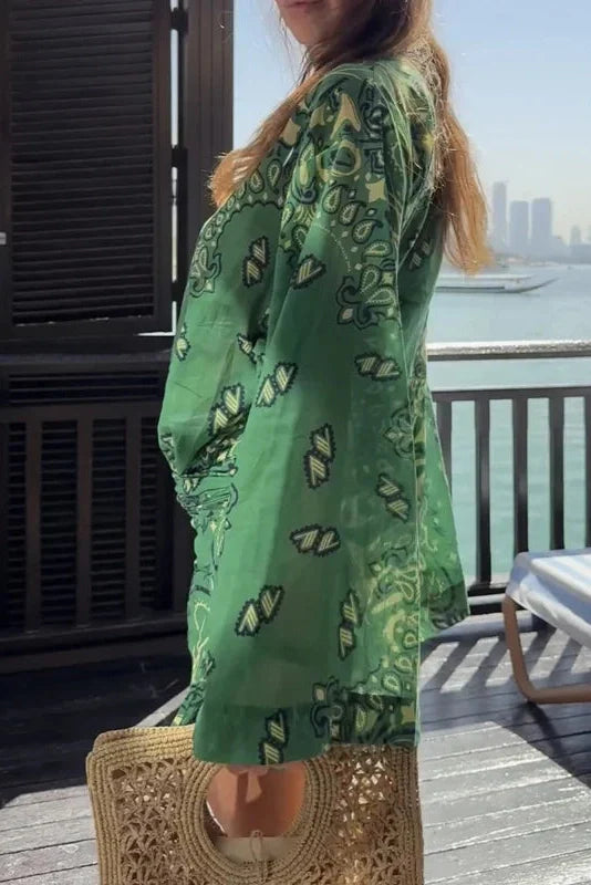 Long Sleeve Loose V-Neck Printed Pleated Mini Dress