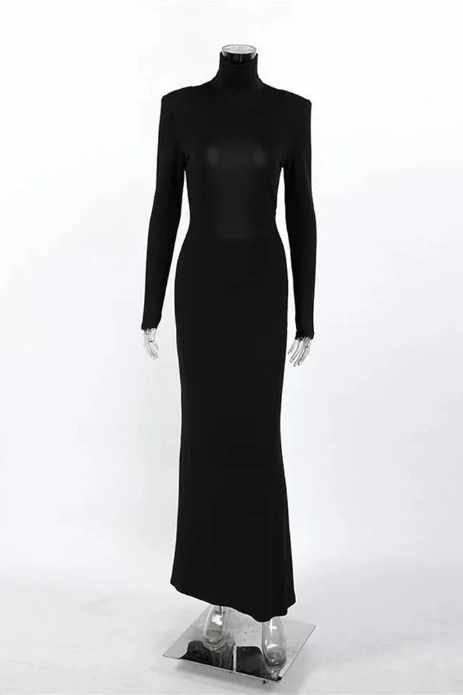 Backless Turtleneck Patchwork Slim Long Sleeve Maxi Dress