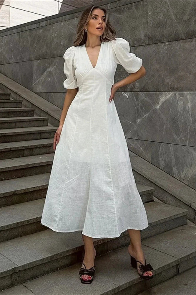 Backless Short Sleeve Slim V-Neck High Waist Midi Dress