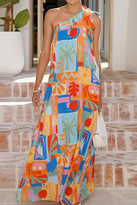 Slash Collar One-Shoulder High Waist Pleated Loose A-Line Maxi Dress