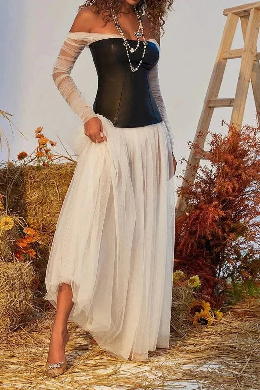 Off Shoulder Pleated High Waist PU Leather Maxi Dress