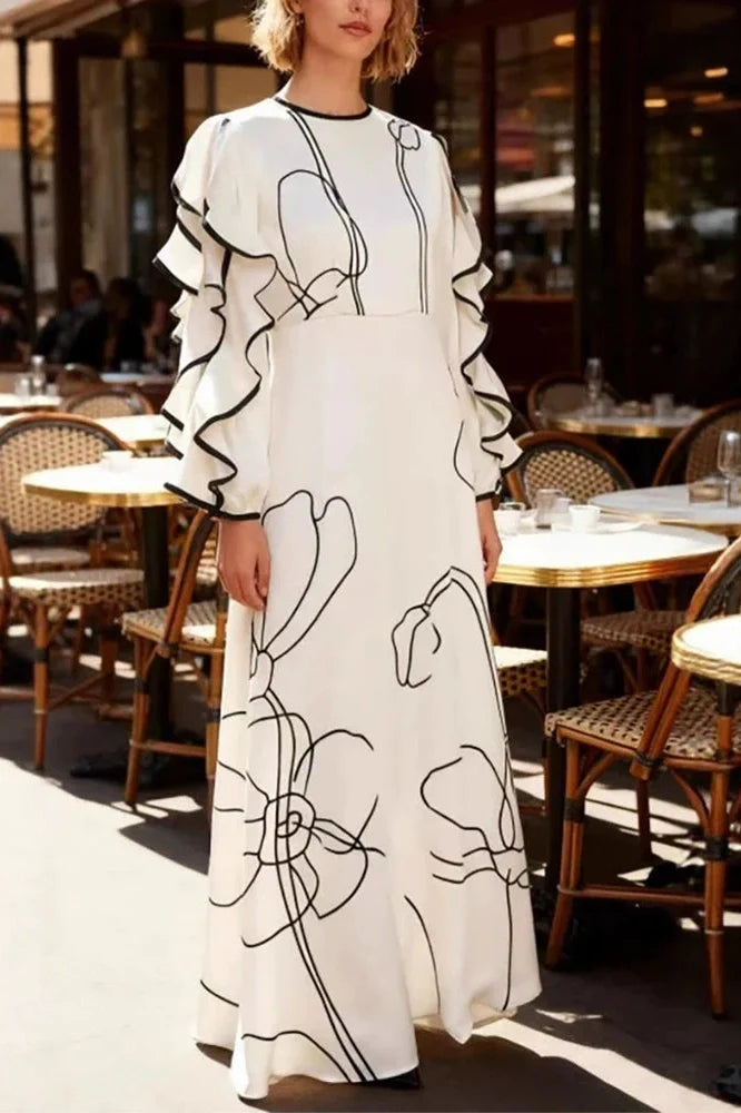 O-Neck High Waist Pleated Sleeve Fit Maxi Dress