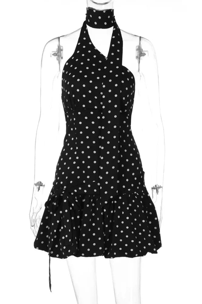 Polka Dot Backless Off-Shoulder Sleeveless Mini Dress