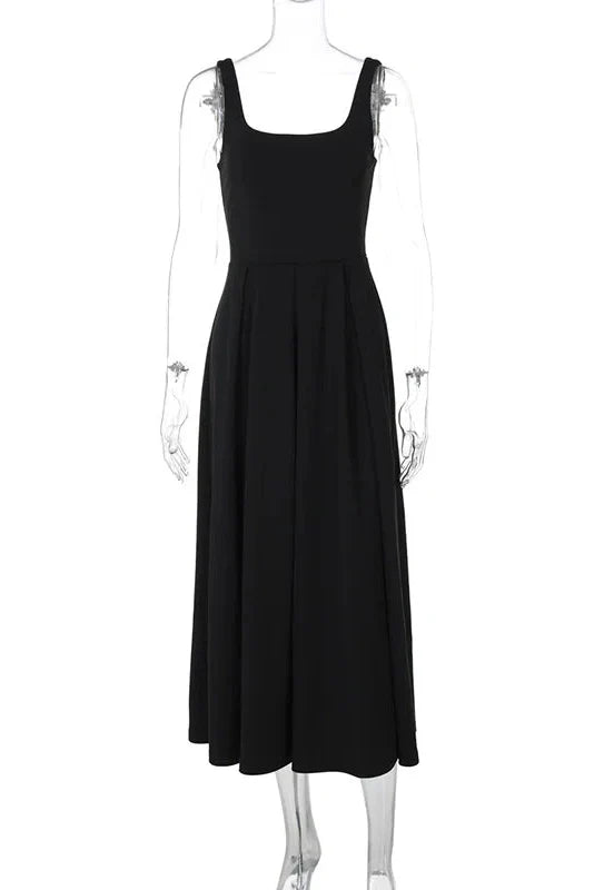 Elegant Square Collar Sleeveless High Waist Pleated Maxi Dress