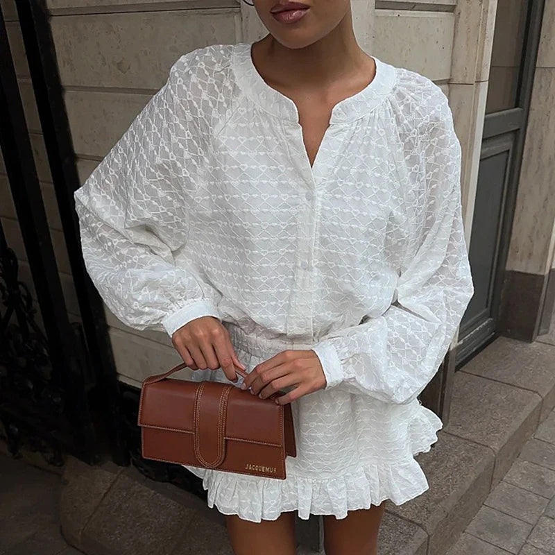 O Neck Long Sleeve Pleated A-line Mini Dress