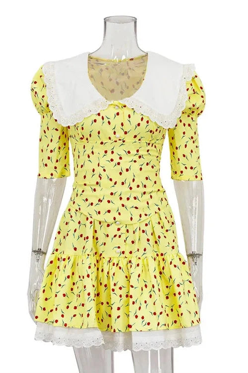 Elegant Lace-Up Slim Lace Short Sleeve Mini Dress
