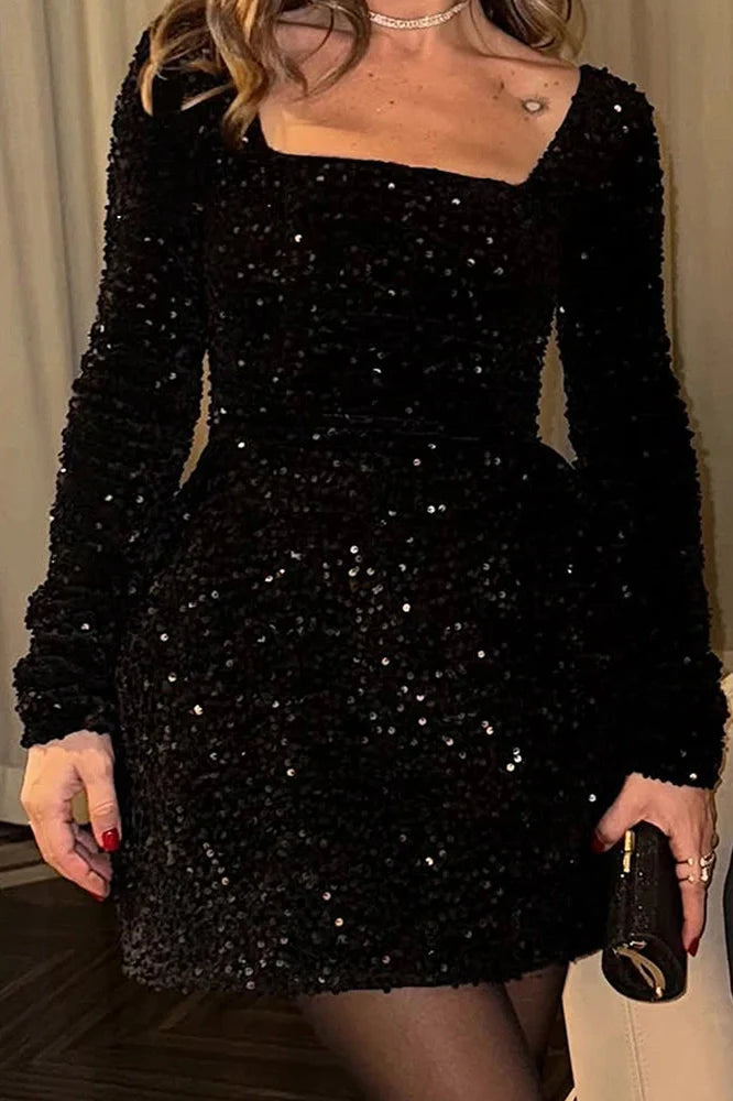 Elegant High Waist A-Line Square Collar Long Sleeve Mini Dress