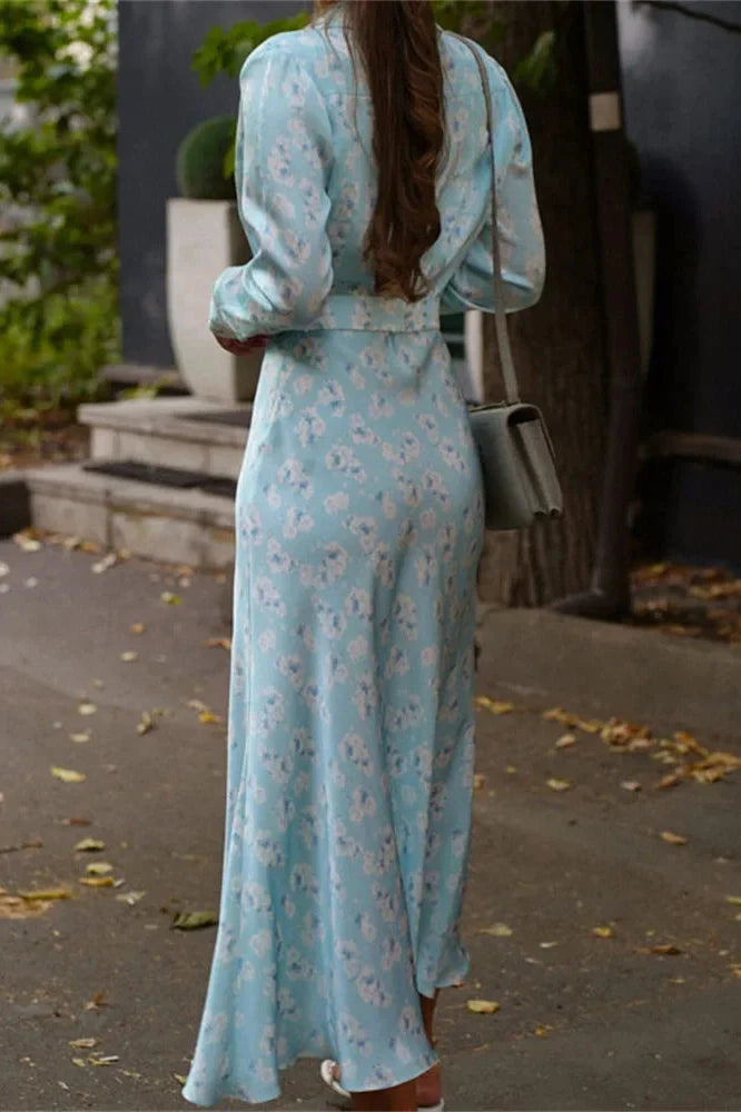 Printed Long Sleeve High Waist Slim Midi Dress