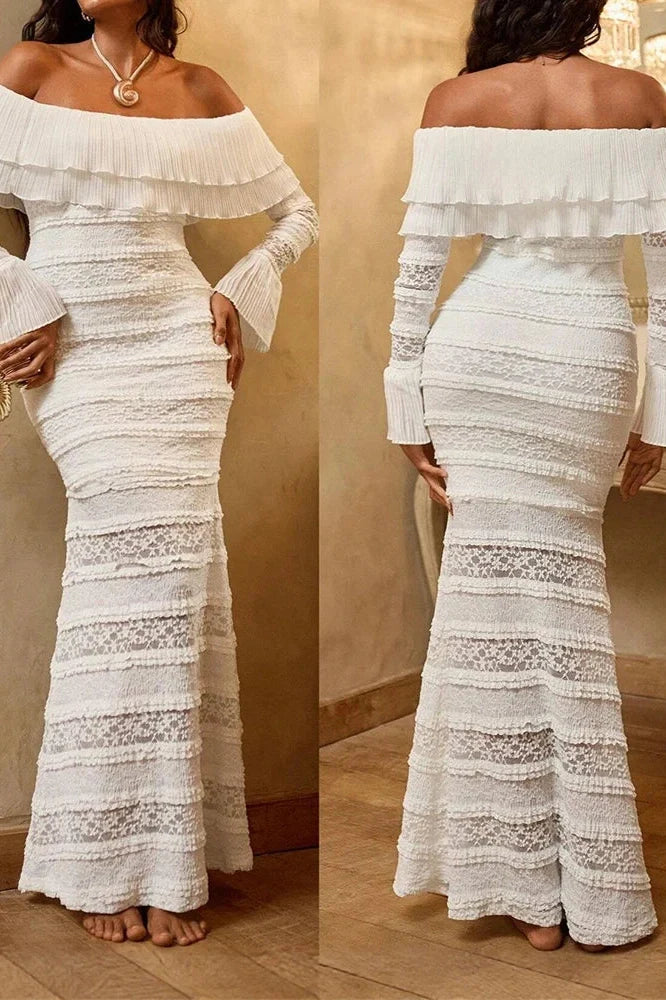 Lace Hollow Out High Waist Slim Off-Shoulder Pleated Maxi Dress