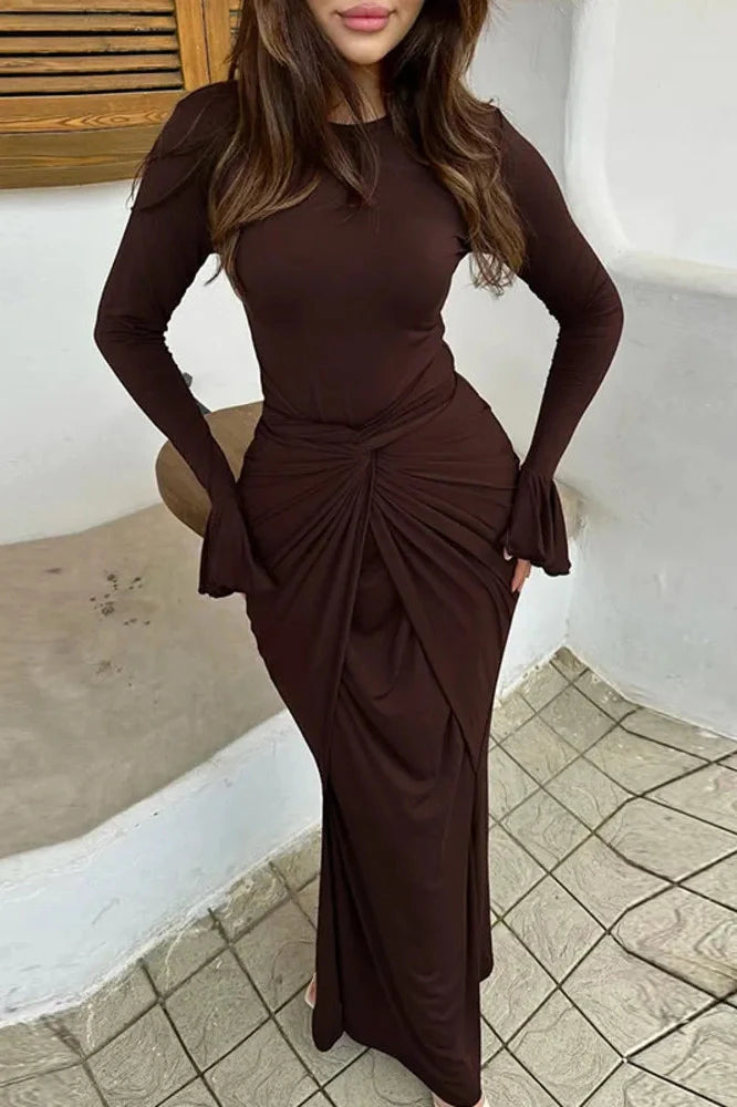 Elegant Long Sleeve O Neck High Waist Maxi Dress
