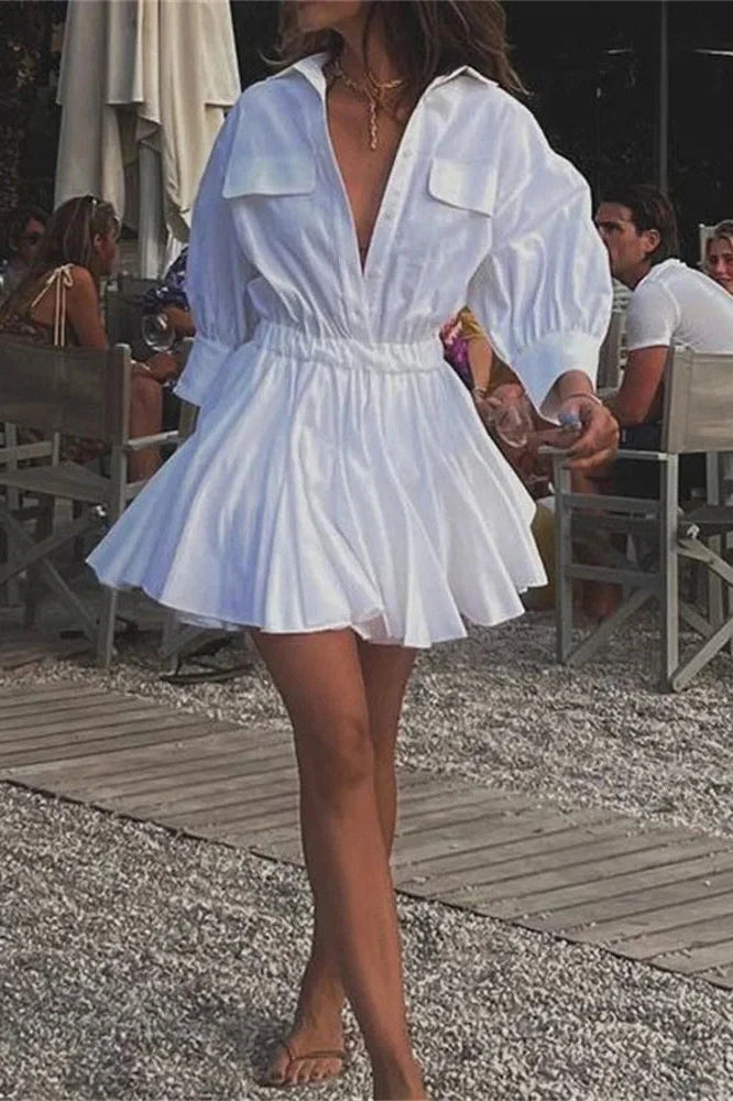Pleated Patchwork Slim Short Sleeve High Waist Mini Dress
