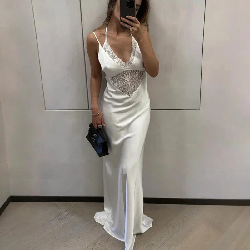 Hollow Out Lace High Waist Backless Maxi Dress