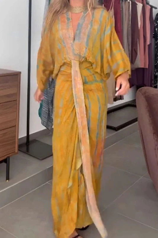 Sleeves Loose Printed Tie-Up V-Neck High Waist Pleated Maxi Dress